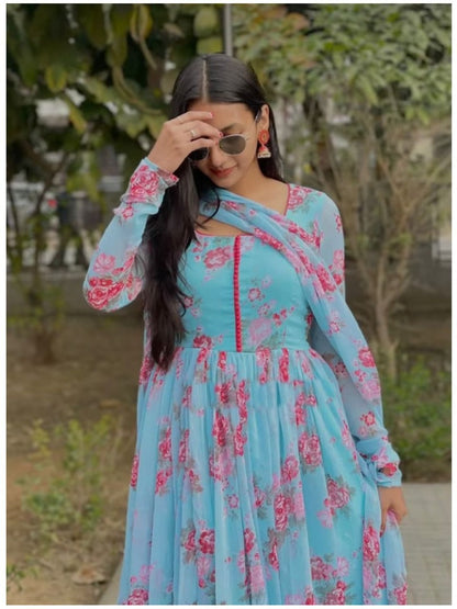 Sky blue georgette flower printed anarkali suit