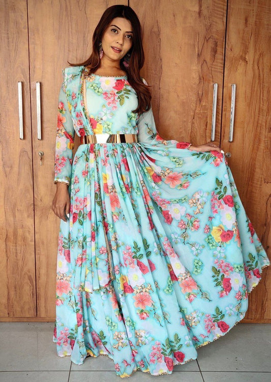 Sky blue georgette flower printed anarkali suit