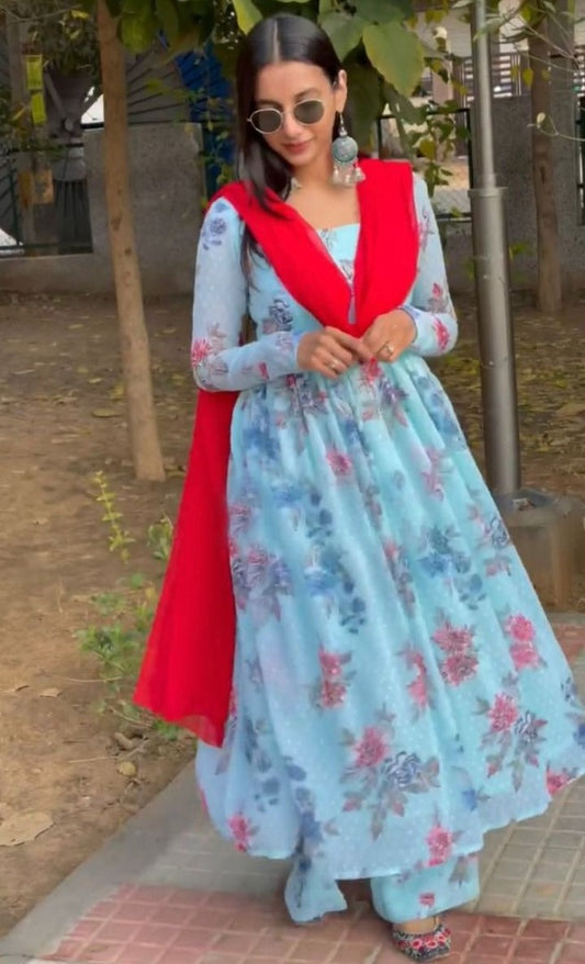 Sky blue georgette flower printed anarkali suit