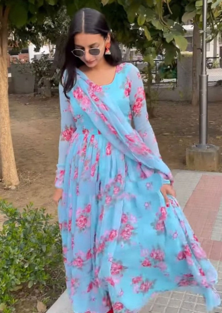 Sky blue georgette flower printed anarkali suit