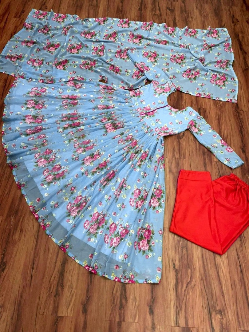 Sky blue georgette flower printed anarkali suit