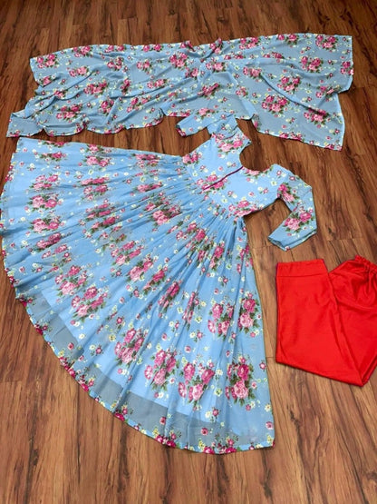 Sky blue georgette flower printed anarkali suit