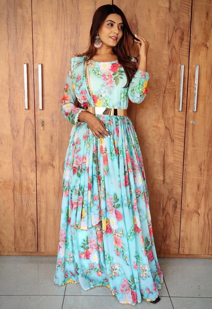Sky blue georgette flower printed anarkali suit