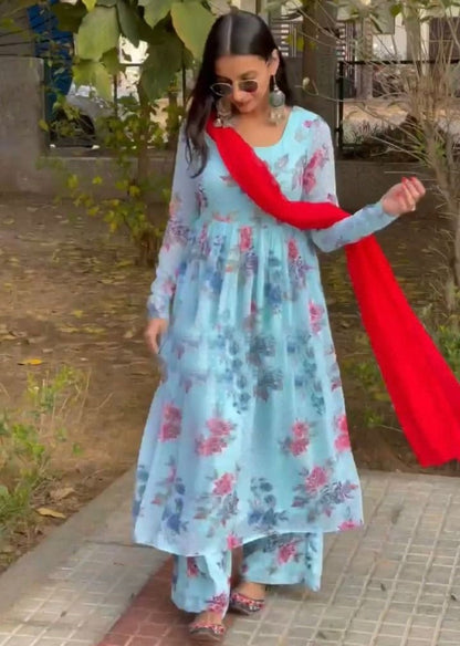 Sky blue georgette flower printed anarkali suit