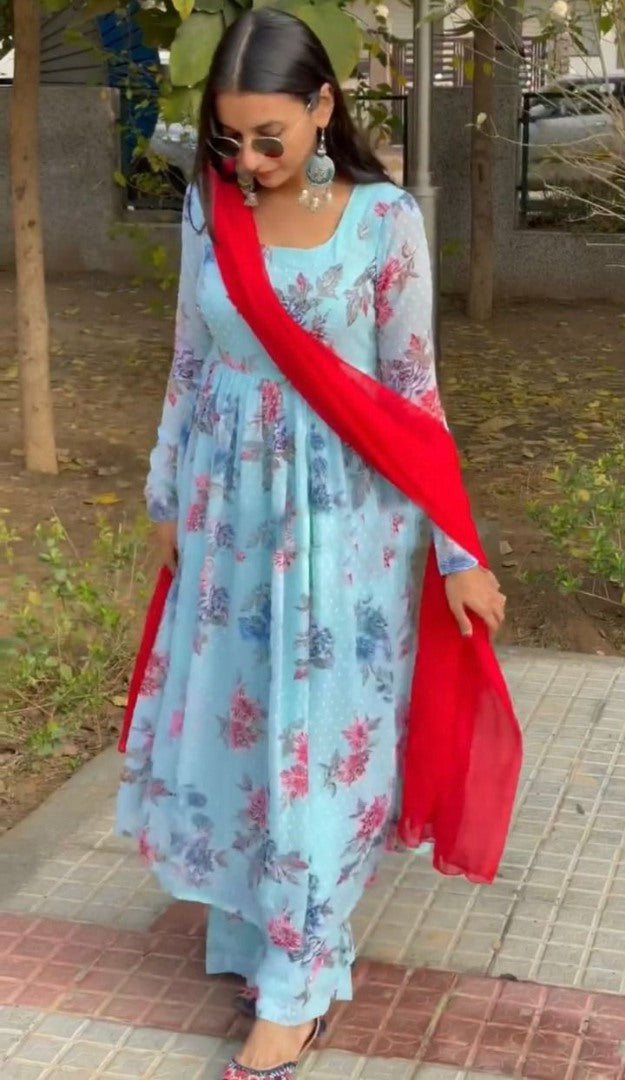 Sky blue georgette flower printed anarkali suit