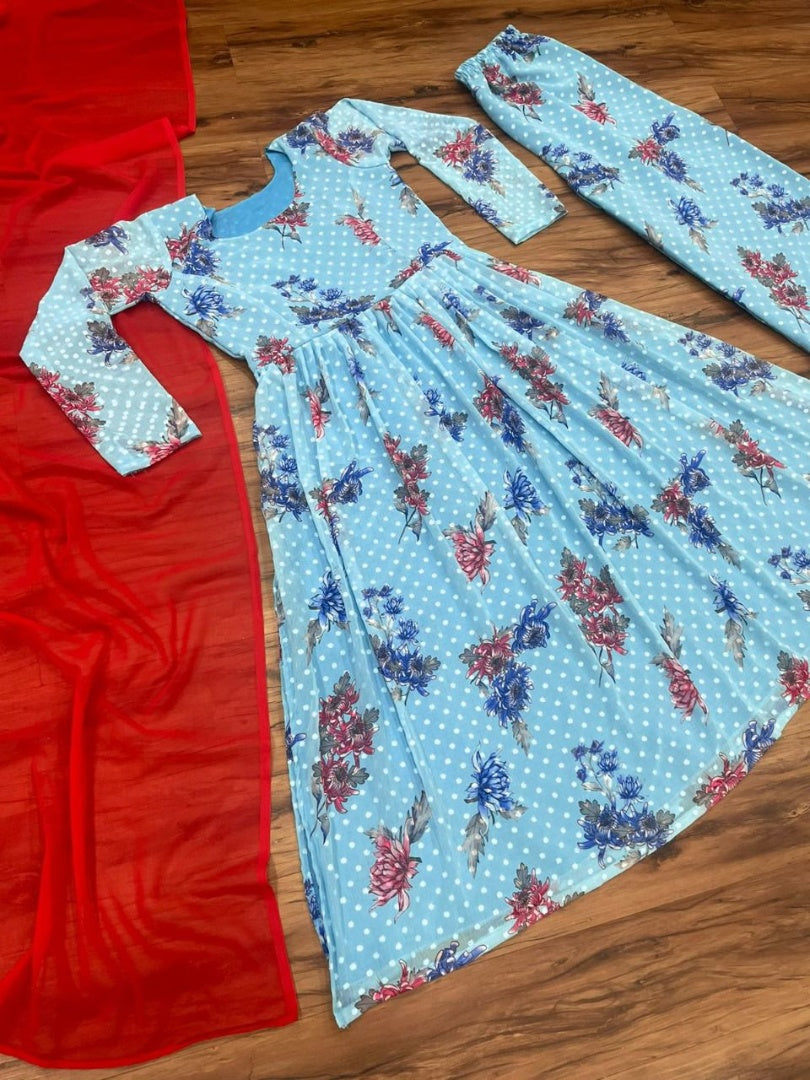 Sky blue georgette flower printed anarkali suit