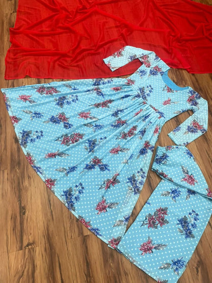 Sky blue georgette flower printed anarkali suit