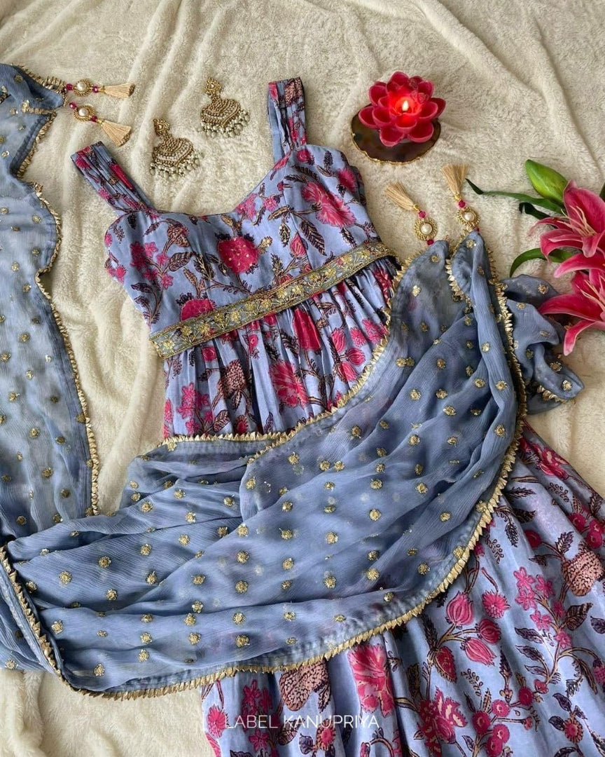 Sky blue georgette flower printed and sequence work gown