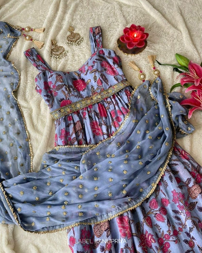Sky blue georgette flower printed and sequence work gown