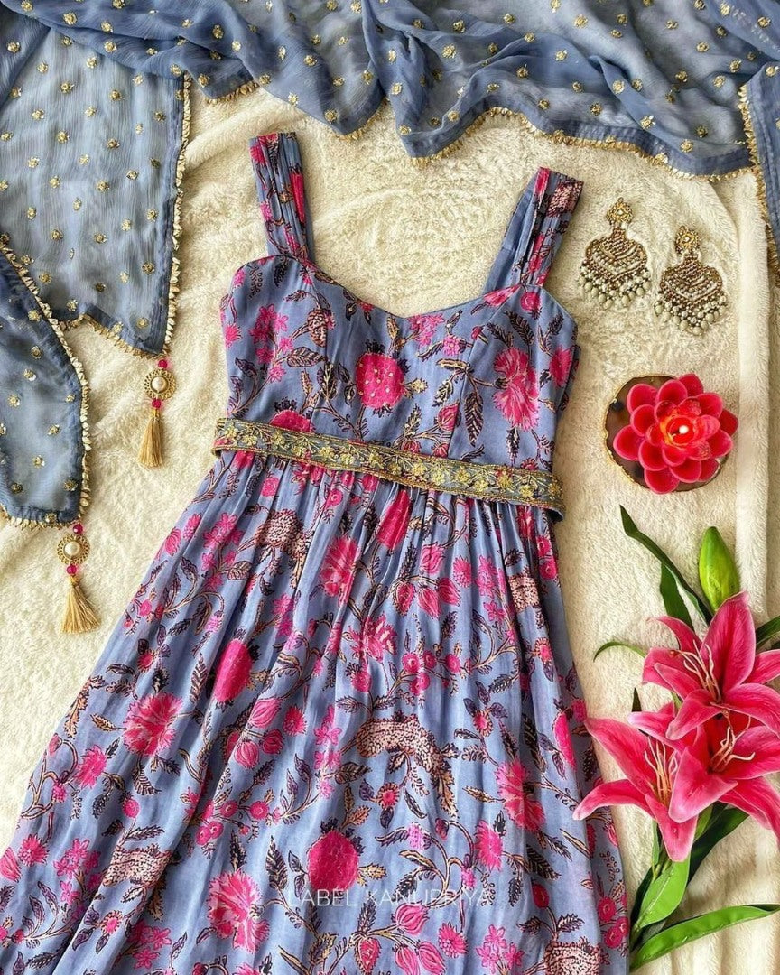Sky blue georgette flower printed and sequence work gown