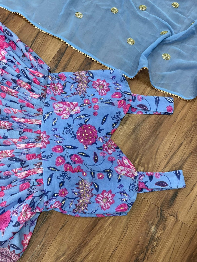 Sky blue georgette flower printed and sequence work gown