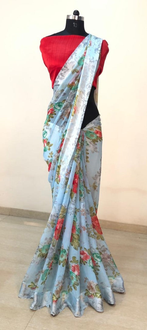 sky blue georgette flower printed georgette satin patta broder saree