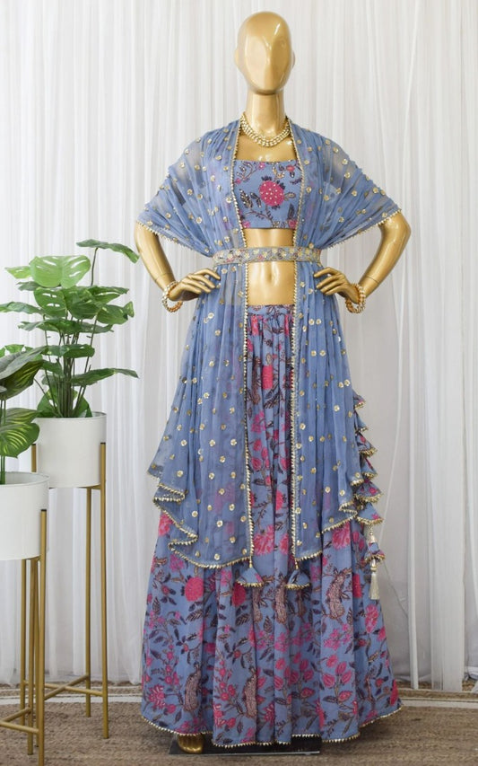 Sky blue georgette flower printed lehenga choli