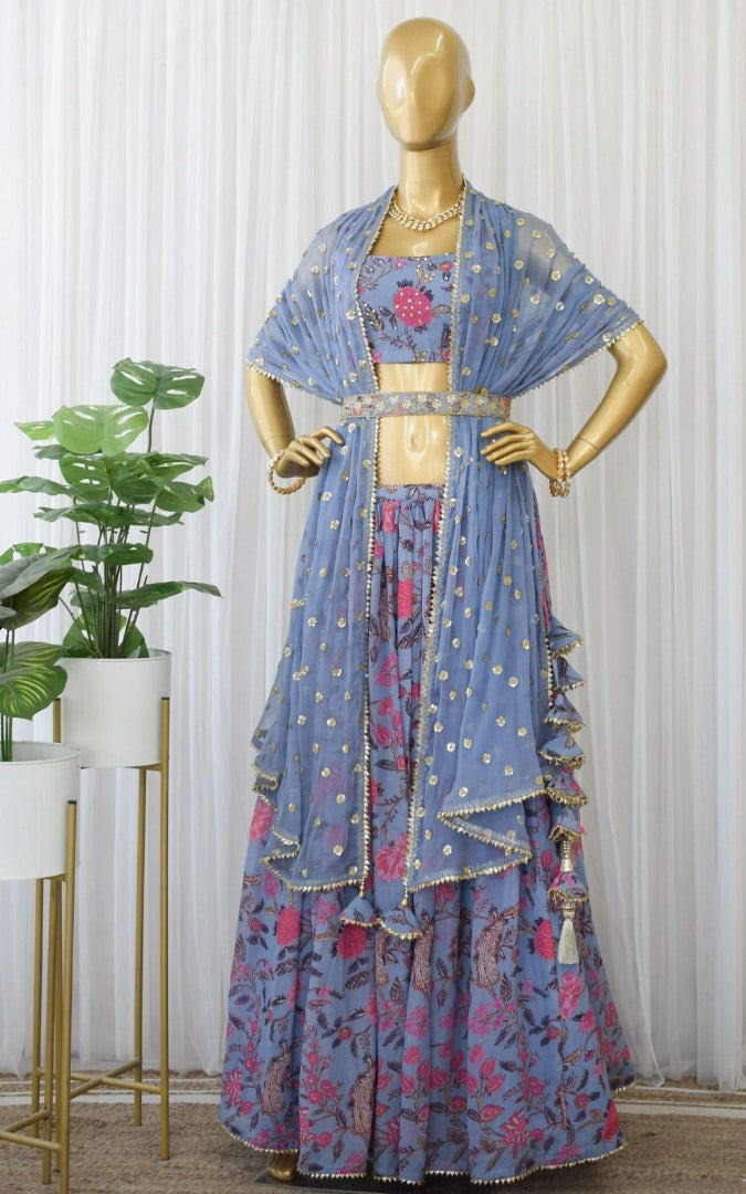 Sky blue georgette flower printed lehenga choli