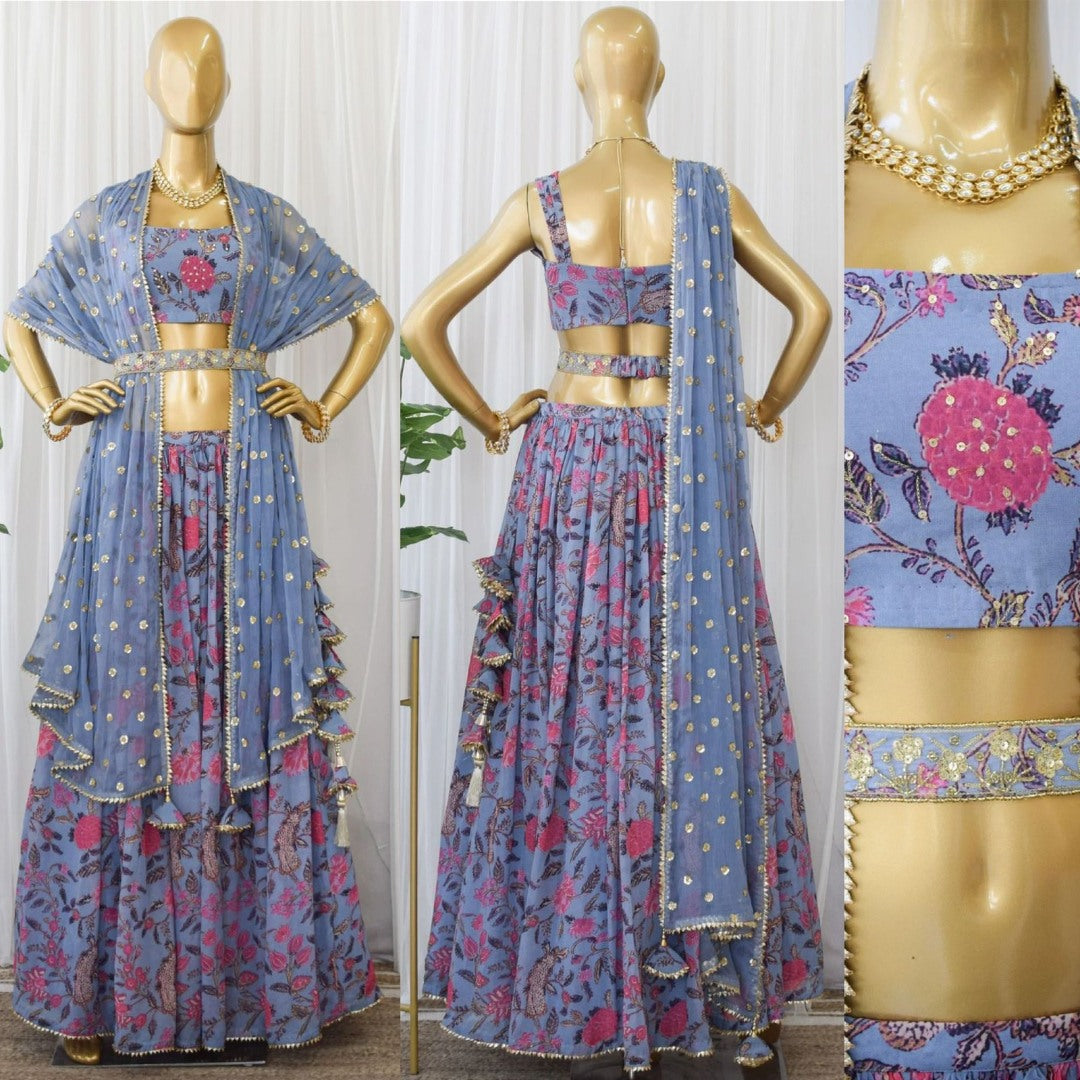 Sky blue georgette flower printed lehenga choli