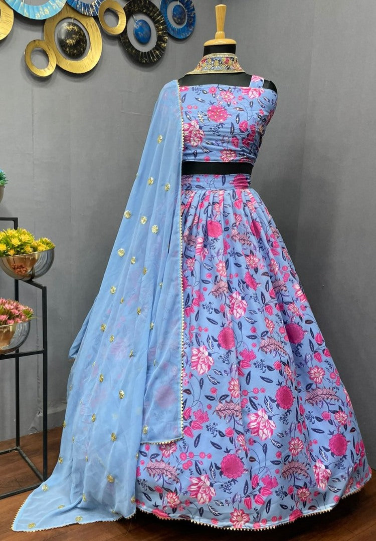 Sky blue georgette flower printed lehenga choli