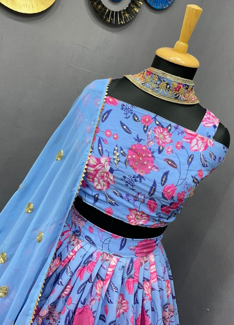 Sky blue georgette flower printed lehenga choli