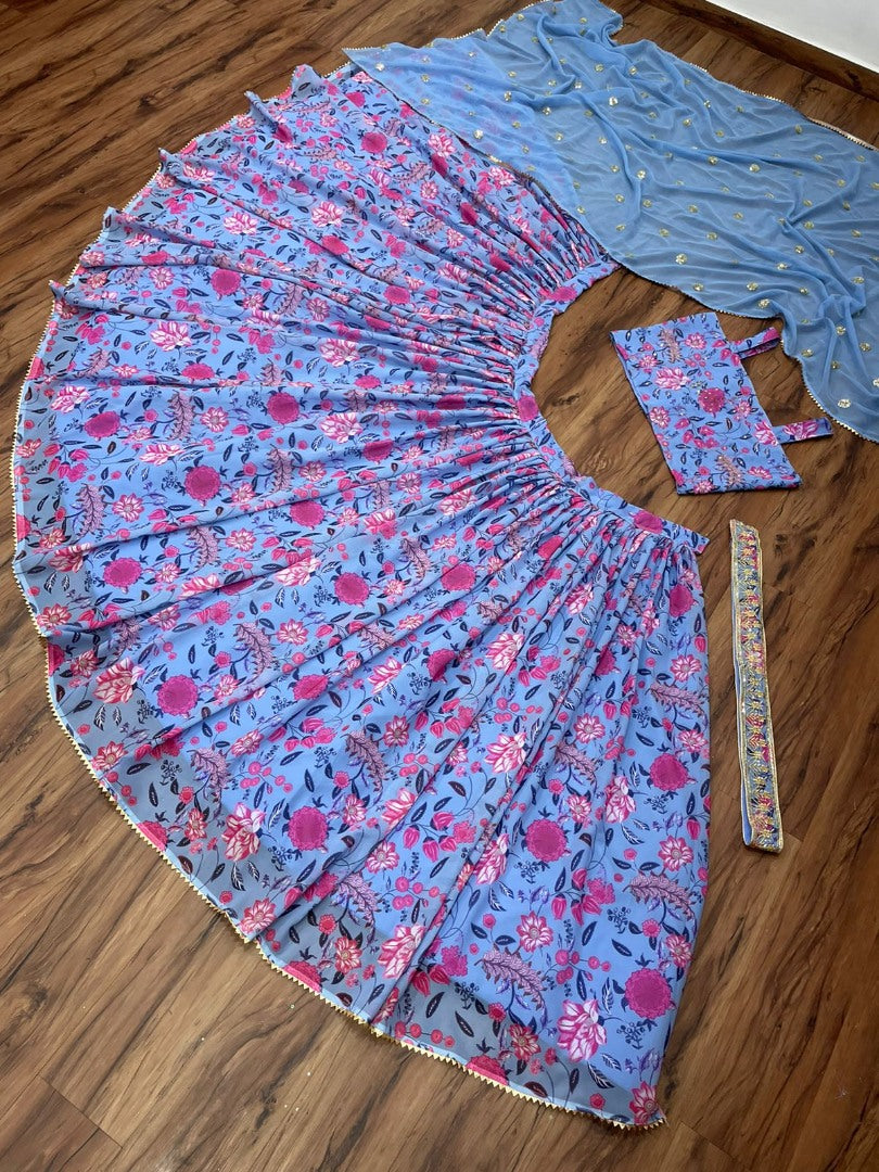 Sky blue georgette flower printed lehenga choli