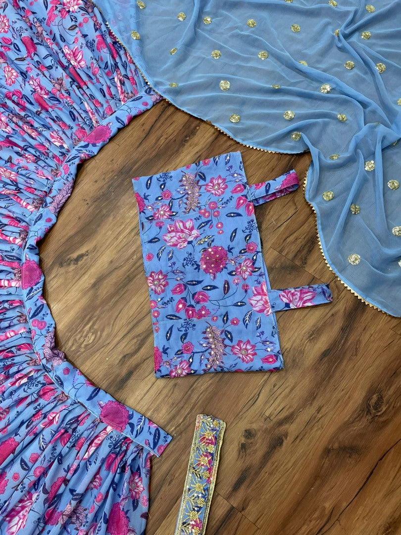 Sky blue georgette flower printed lehenga choli