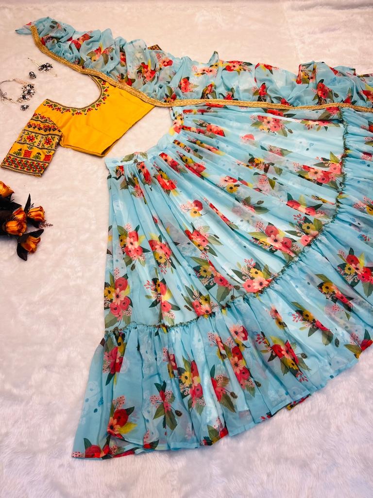 Sky blue georgette flower printed ruffle layer lehenga choli