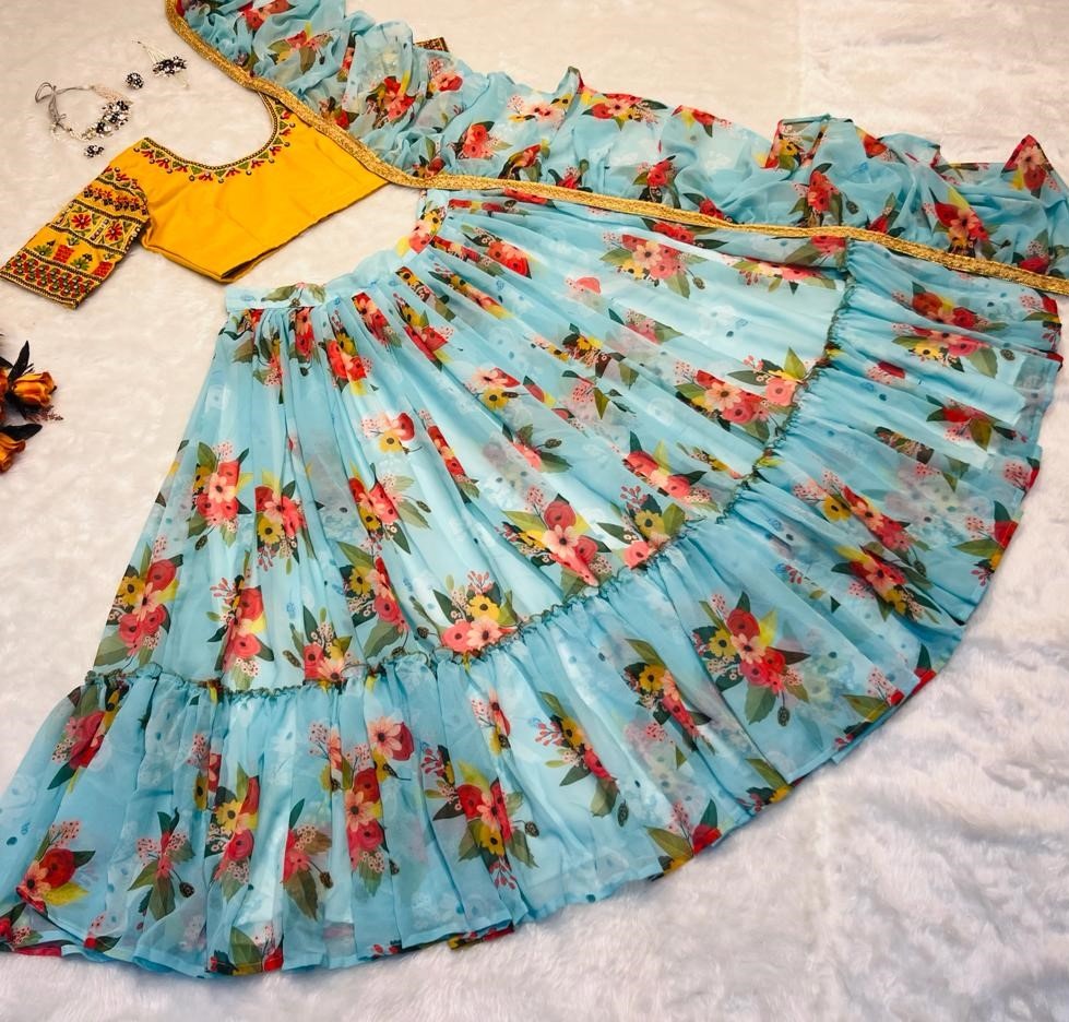 Sky blue georgette flower printed ruffle layer lehenga choli