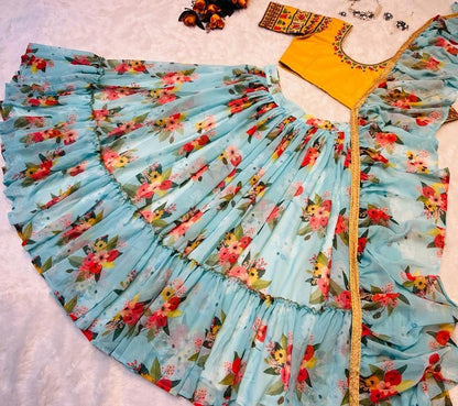 Sky blue georgette flower printed ruffle layer lehenga choli