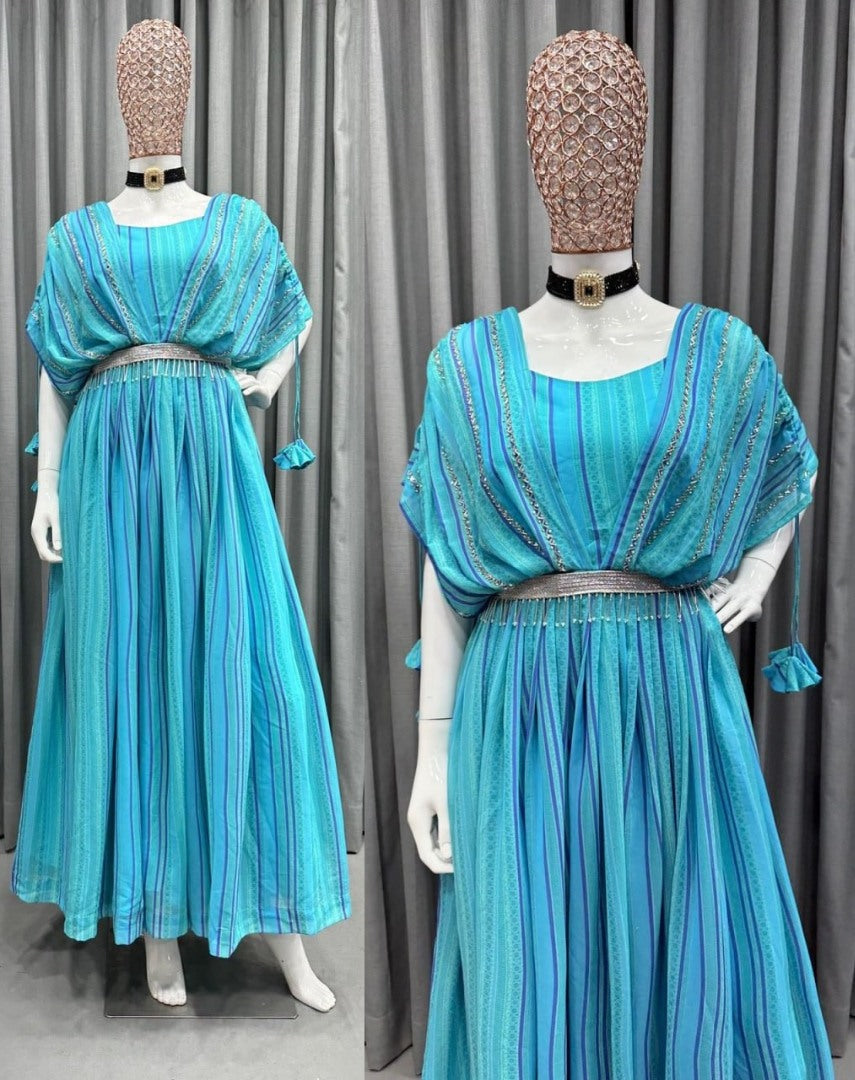 Sky blue georgette handwork gown with belt