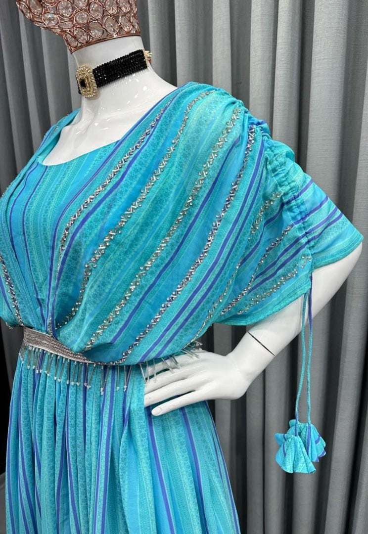 Sky blue georgette handwork gown with belt