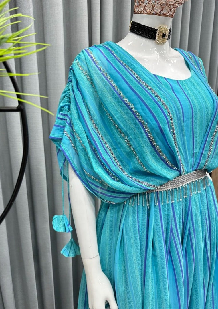 Sky blue georgette handwork gown with belt