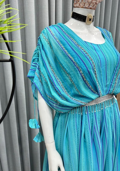 Sky blue georgette handwork gown with belt
