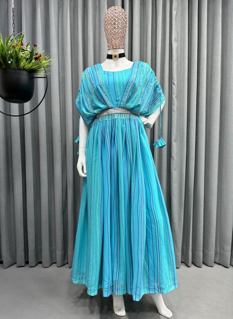 Sky blue georgette handwork gown with belt