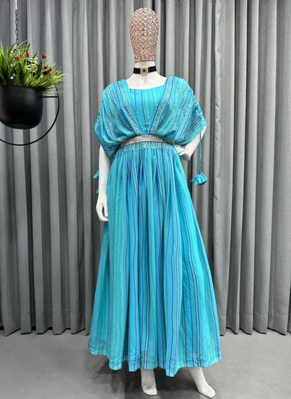 Sky blue georgette handwork gown with belt