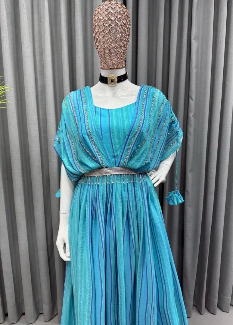 Sky blue georgette handwork gown with belt