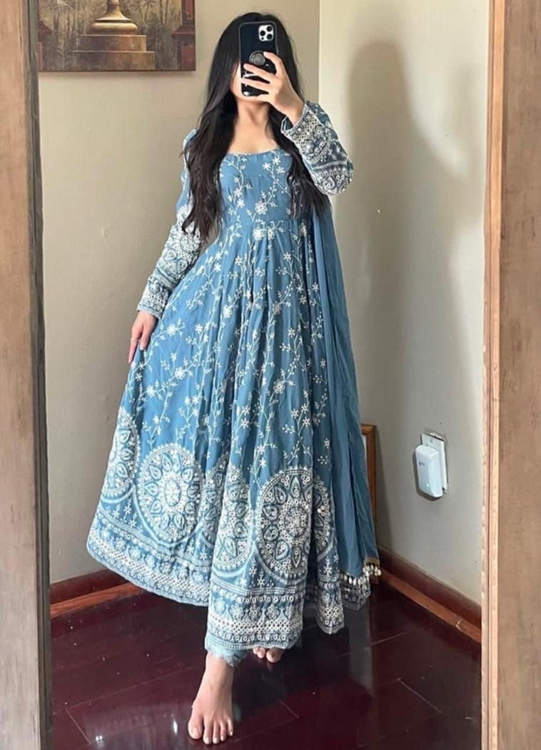 Sky blue georgette heavy embroidered anarkali suit