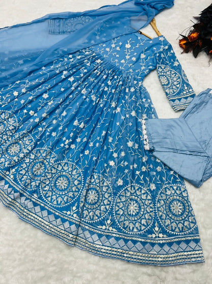Sky blue georgette heavy embroidered anarkali suit