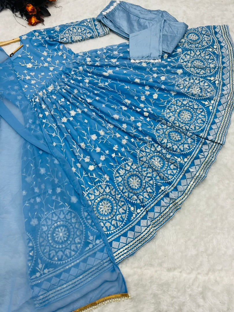 Sky blue georgette heavy embroidered anarkali suit