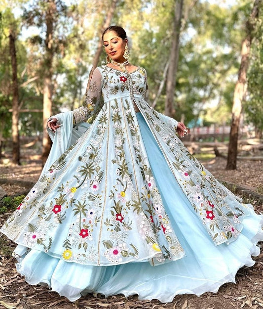 Sky blue georgette heavy embroidered designer lehenga gown