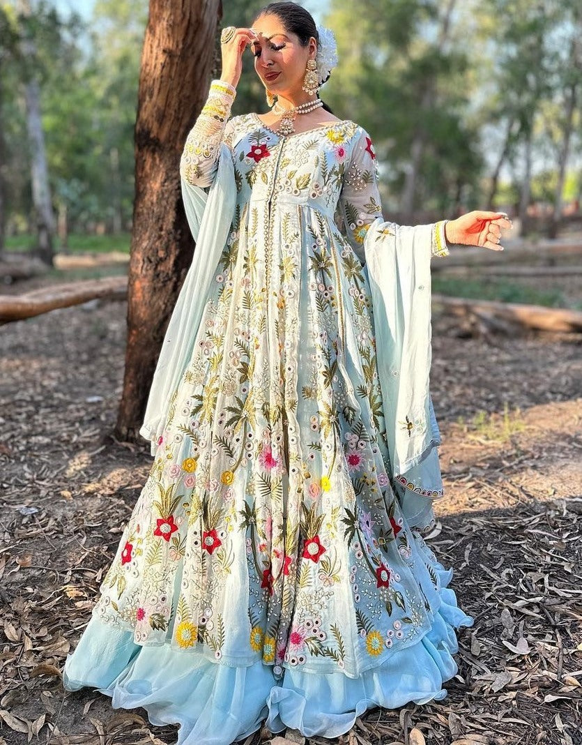 Sky blue georgette heavy embroidered designer lehenga gown