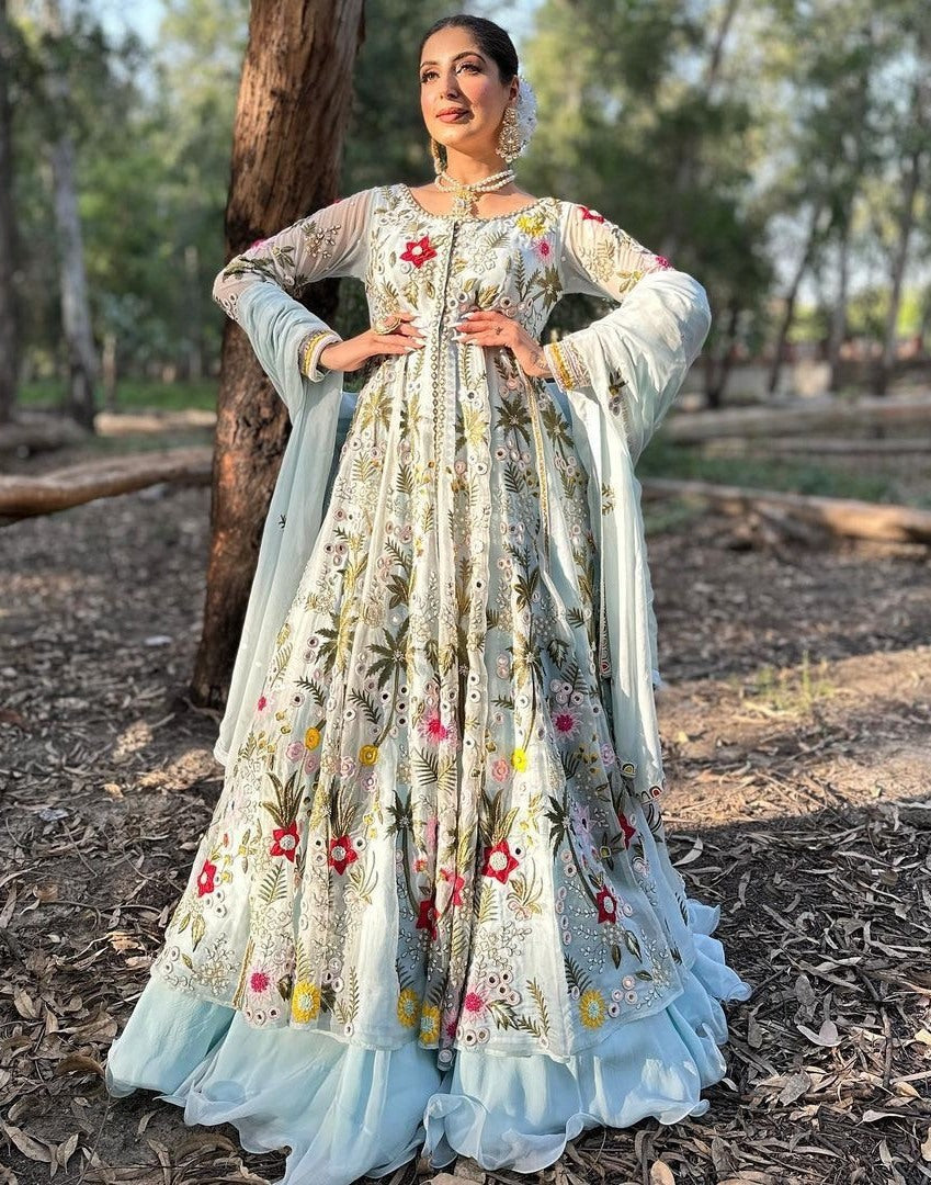 Sky blue georgette heavy embroidered designer lehenga gown
