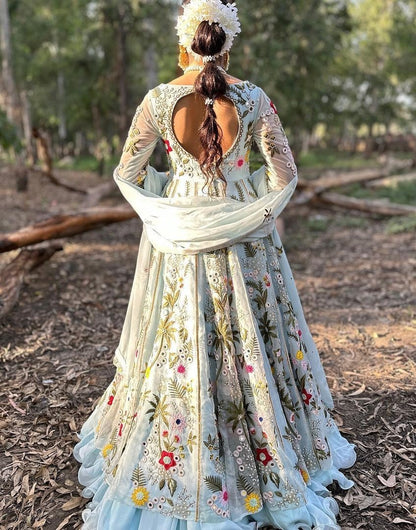 Sky blue georgette heavy embroidered designer lehenga gown