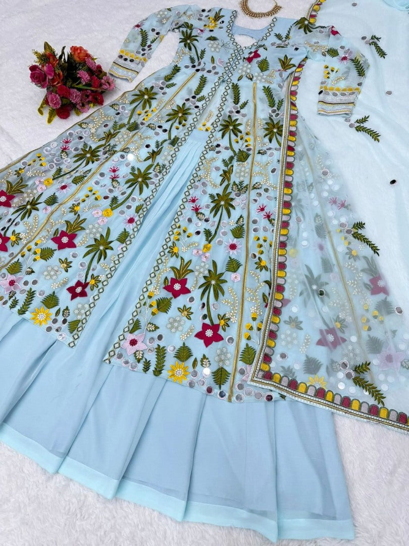 Sky blue georgette heavy embroidered designer lehenga gown