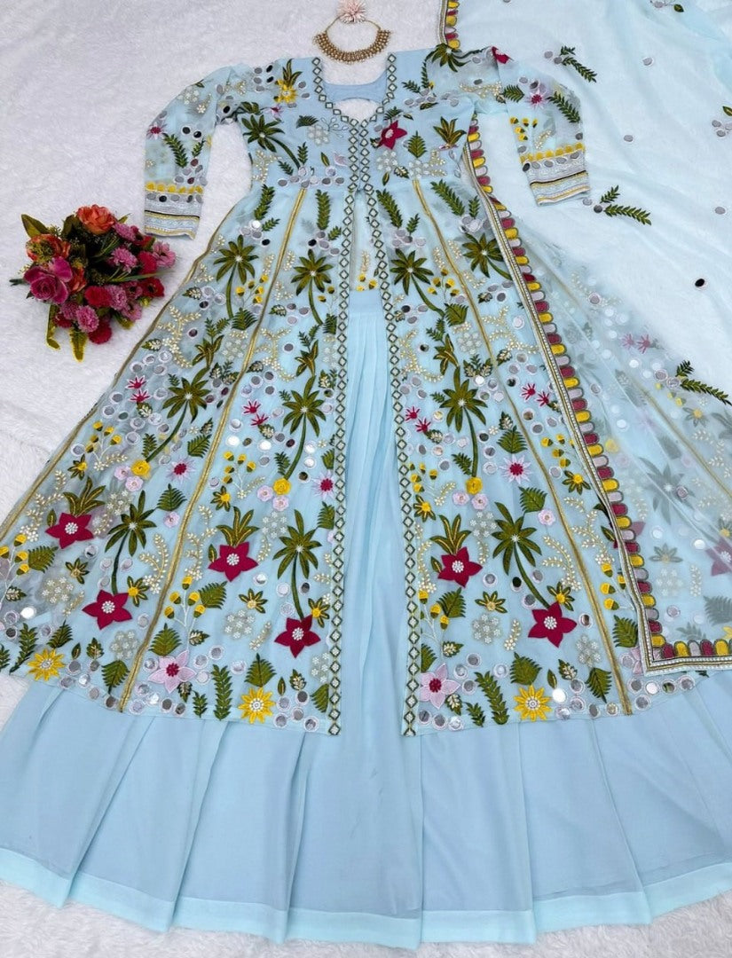 Sky blue georgette heavy embroidered designer lehenga gown