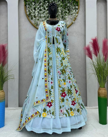 Sky blue georgette heavy embroidered designer lehenga gown