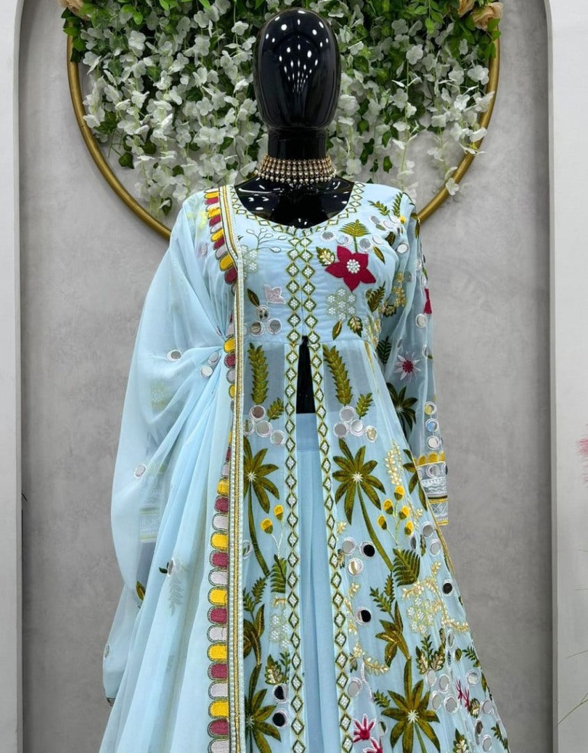 Sky blue georgette heavy embroidered designer lehenga gown