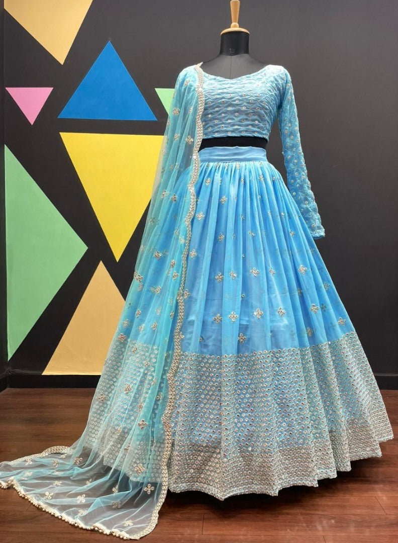 Sky blue georgette heavy embroidered lehenga choli for wedding
