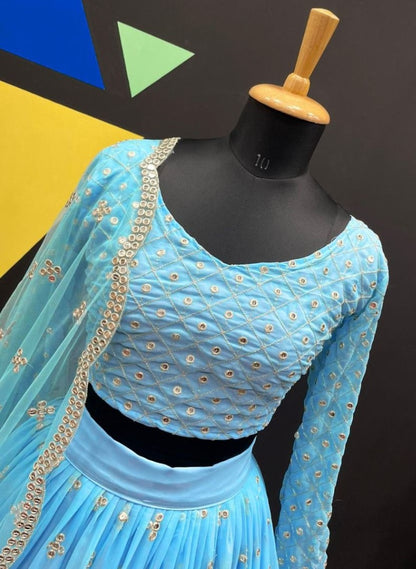 Sky blue georgette heavy embroidered lehenga choli for wedding