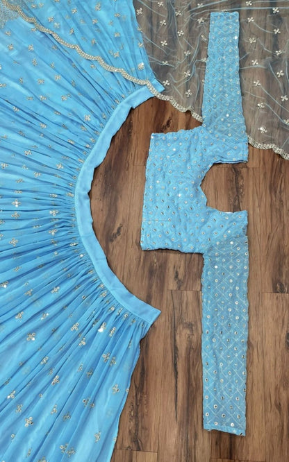 Sky blue georgette heavy embroidered lehenga choli for wedding