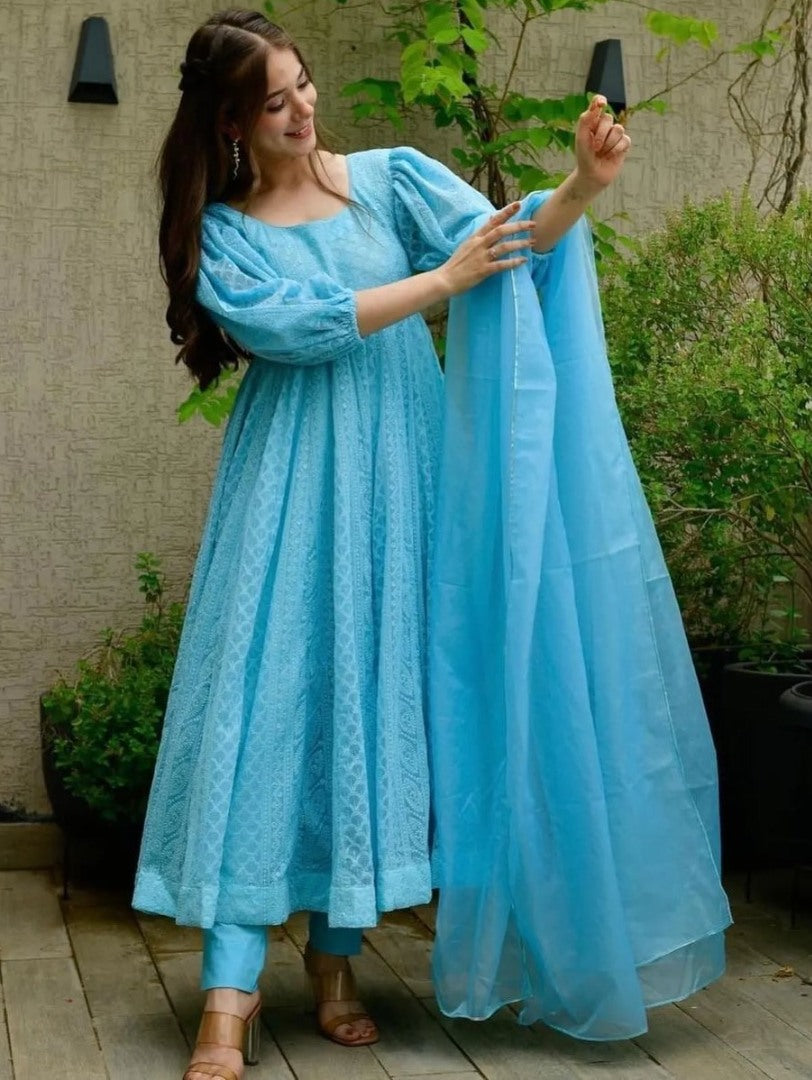 Sky blue georgette heavy embroidered party wear anarkali suit