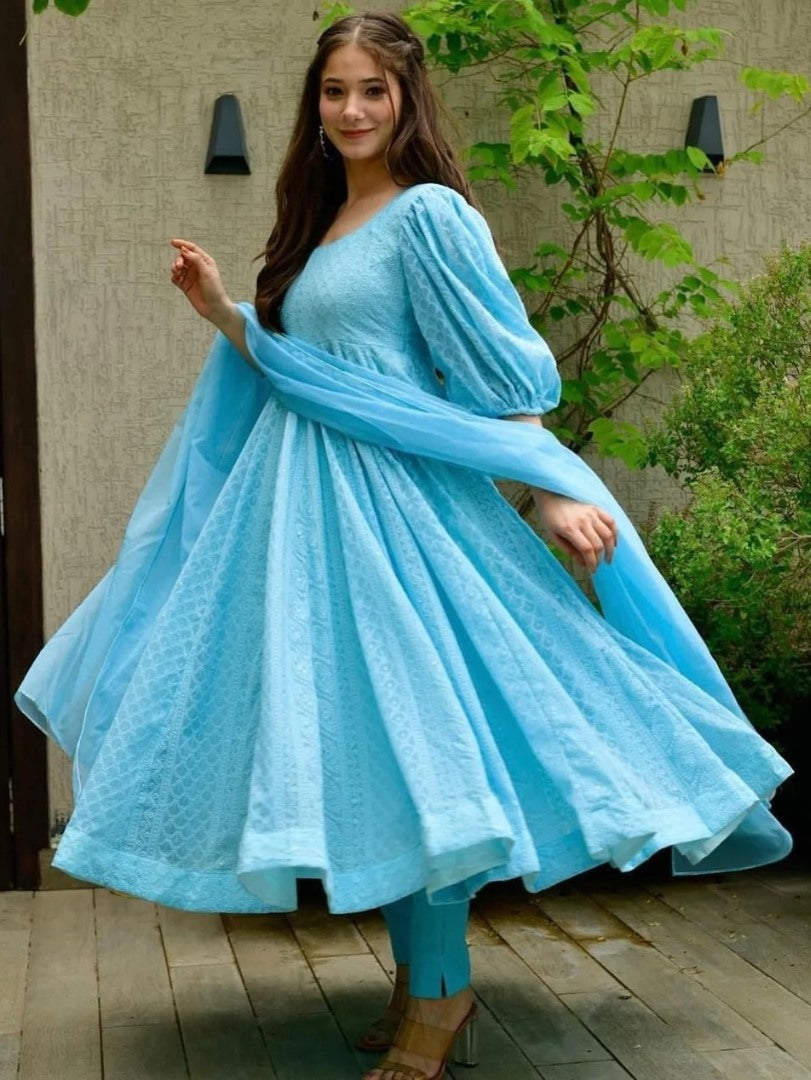 Sky blue georgette heavy embroidered party wear anarkali suit