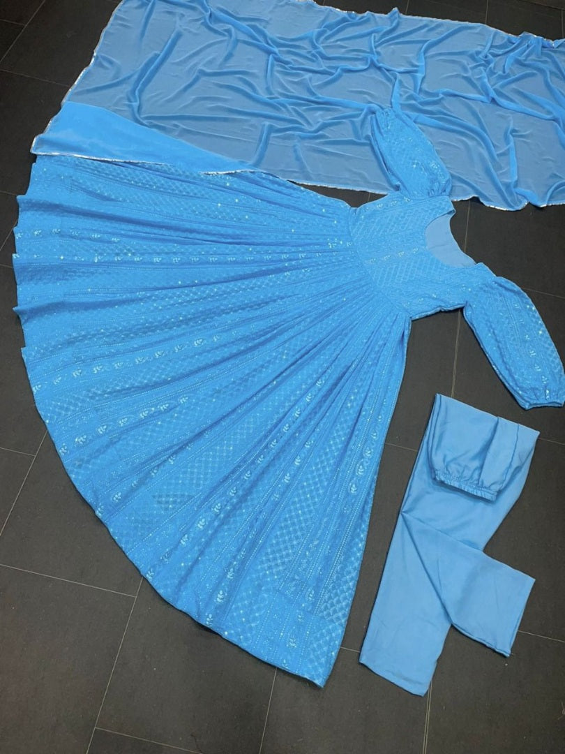 Sky blue georgette heavy embroidered party wear anarkali suit
